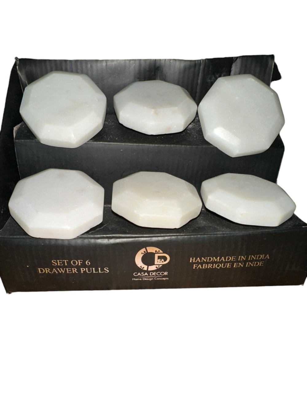 CASA DECOR HANDMADE 100% REAL MARBLE white hexagon Drawer Pulls knobs silver 2" - Picture 3 of 8